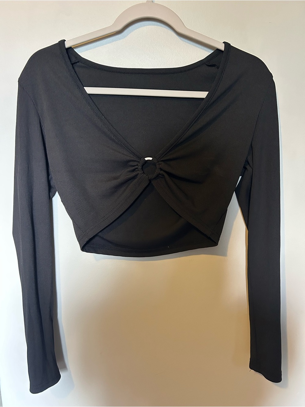 Women’s Long-Sleeve Black Crop Top with Front Ring Detail
